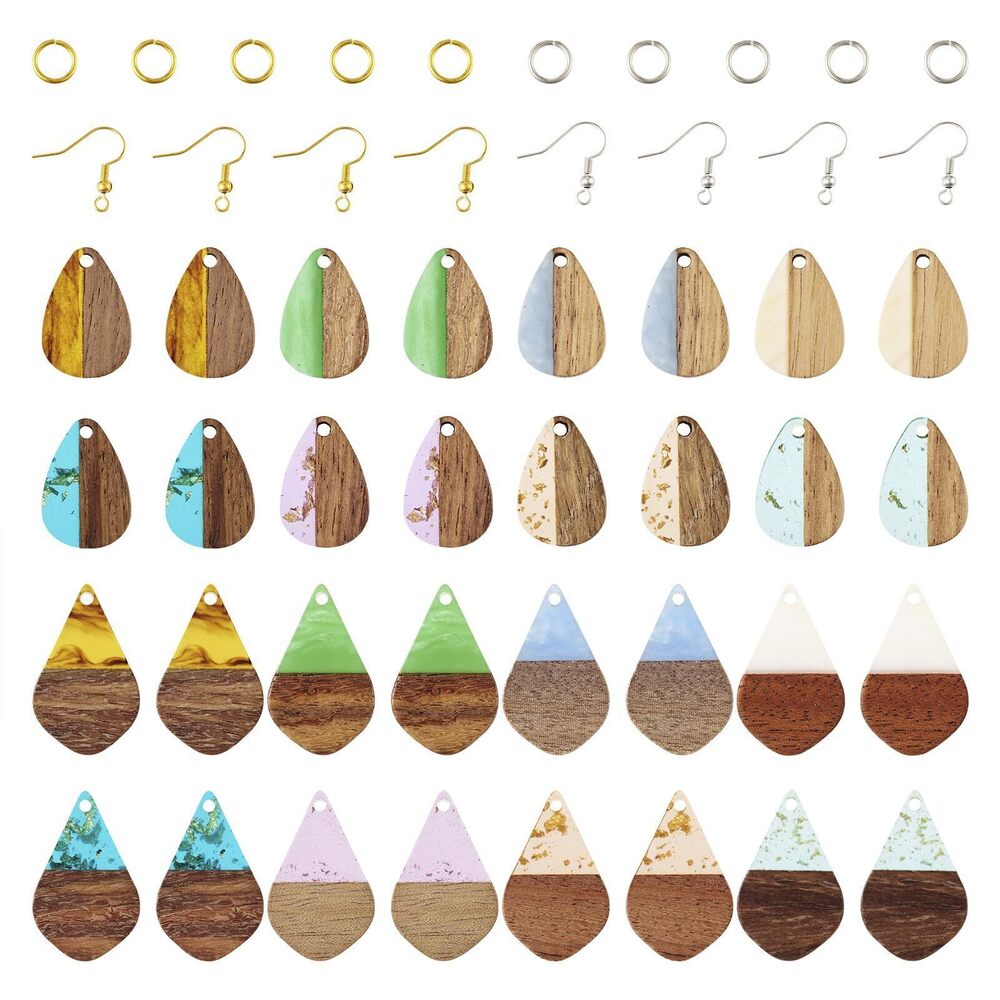 4871 Teardrop Drop Dangle Earring Making Kit 32pcs Natural Resin Wood